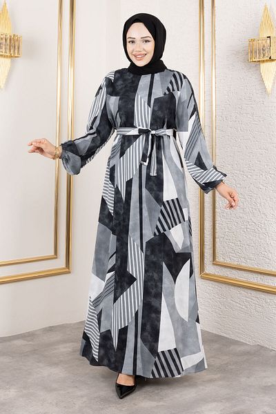 Tesettür Dünyası Geometric Patterned Waist Belted Viscose Dress Tsd250213 Gray