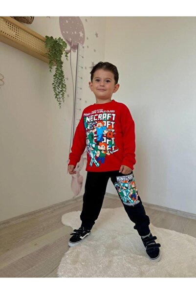 Narin kids Dijital Oyun MİNE C Detaylı 3 İp Şardonsuz Erkek Çocuk Kışlık Kırmızı Siyah Eşofman Takımı