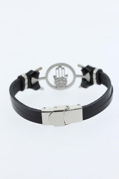 SeyCey.co Silver Color Fatma Mother Hand Figured Black Color Leather Men's Bracelet with Metal Accessories