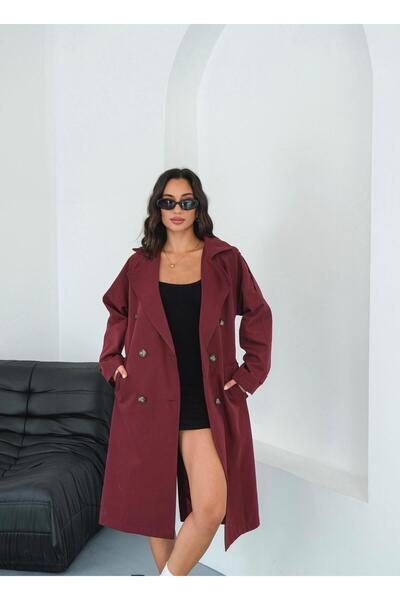 FERZOLAİO Oversize Belted Buttoned Burgundy Trench Coat