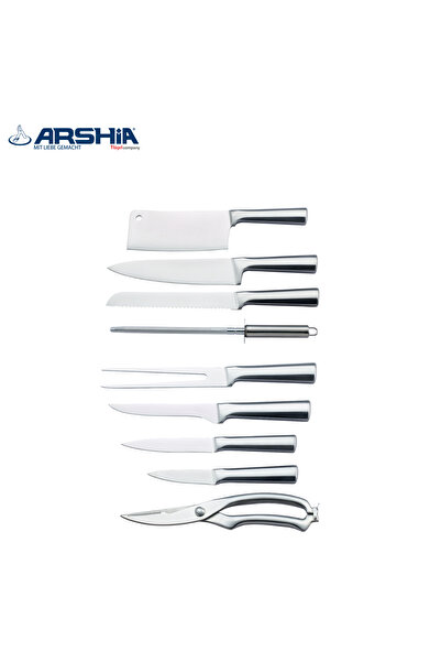 Arshia 🔪 Arshia Classic German Steel Knife Set - 10 Pieces with Luxury Wooden Stand + Free Gift