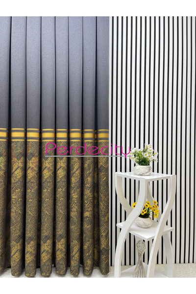 PERDECITY Dream Anthracite Gold Patterned Panel Backdrop Curtain 1X3 Tight Pile [Single Wing]