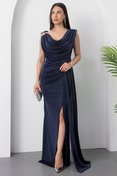 PULLIMM Glittery Degaje Collar Dress with Shoulder Accessories 39878