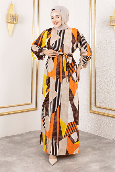 Tesettür Dünyası Geometric Patterned Viscose Long Hijab Dress with Belted Waist Tsd250213 Orange