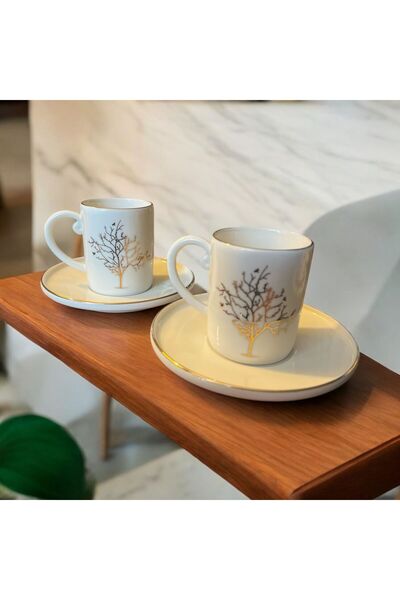 WPAWZ 4 Piece 2 Person Gold Tree of Life Porcelain Coffee Cup Set