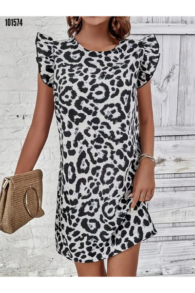 moda wanilia Rochie de damă, fără mâneci, cu volane, cu model leopard