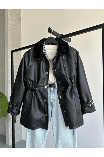 FERZOLAİO Black Leather Trench Coat with Fur Collar and Gathered Waist
