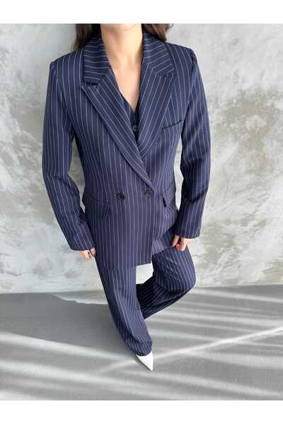 Moda İkra Jacket Vest Palazzo Pants Striped 3-Piece Suit