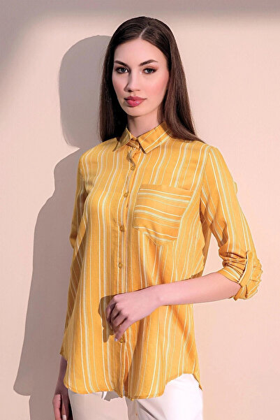 STİLVİA قميص نسائي أصفر طويل الأكمام من القماش الخاص بجيب واحد وخطوط مستقيمة ...