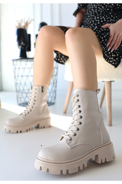 Nova Bazaar Flona Beige Leather Laced Boots