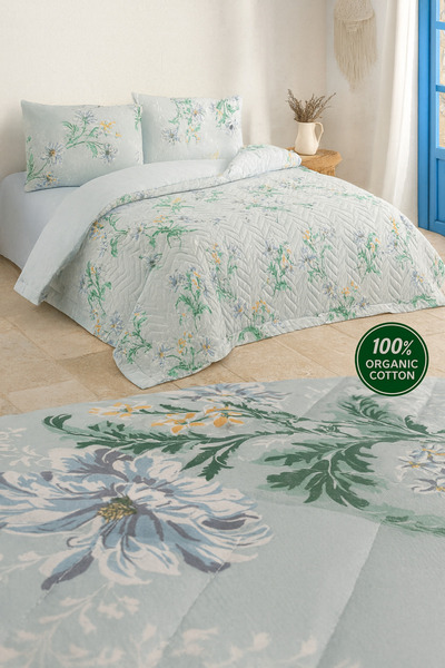 Evimcim 100% Cotton Double Ranforce Duvet Cover Set Blue Floral Pattern Organic