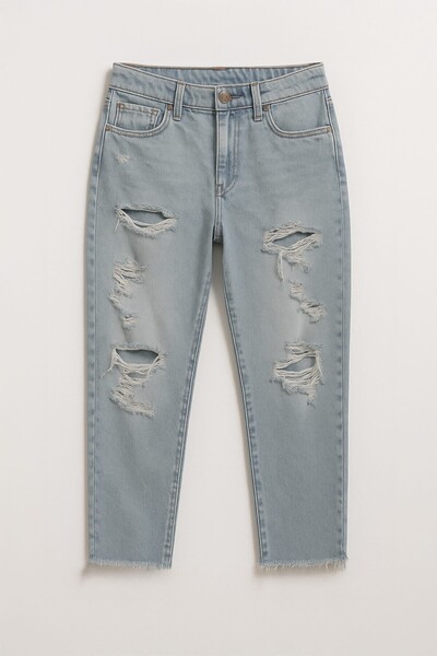 Bluewhite Women's Ice Blue Ripped Detailed Mom Jean Trousers