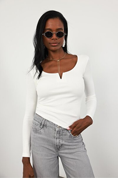 5in1Canpolat Ecru Collar V Detailed Long Sleeve T-Shirt 2260