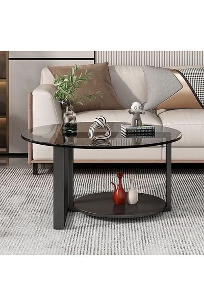 Raffine Round Glass Coffee Table for Living Room Cocktail Table Sofa Table with Tempered Glass Top