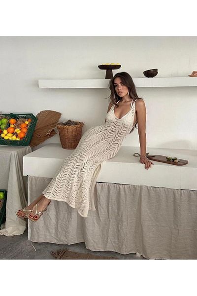 GÜLDEN KATRAN Women's Openwork Knitted Knitted Beach Dress with Straps