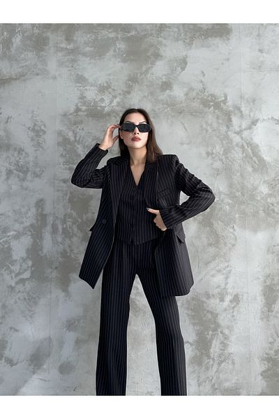 Moda İkra Jacket Vest Palazzo Pants Striped 3-Piece Suit