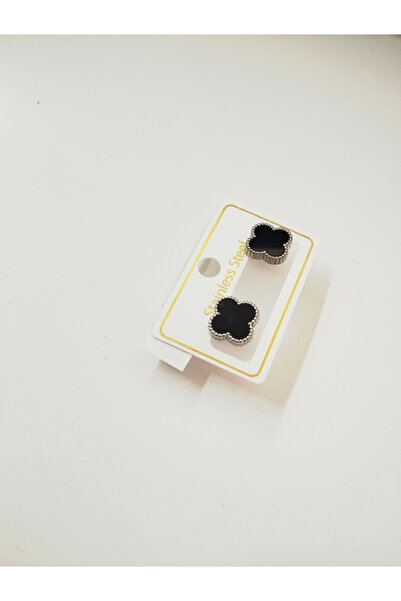 EKE BUTİK Çelik Yonca Siyah Gümüş Renk Küpe Çivili