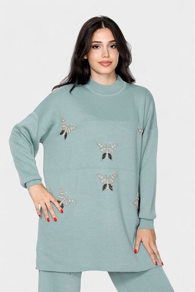 NEWCO Comfortable and Stylish Side Slit Knitwear Double Set Butterfly Motif Stone Embroidered Top and Pants