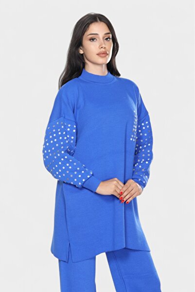 NEWCO Sequin Embroidered Knitwear Set Long Sleeve Loose Top and Wide Leg Pants Set of Two