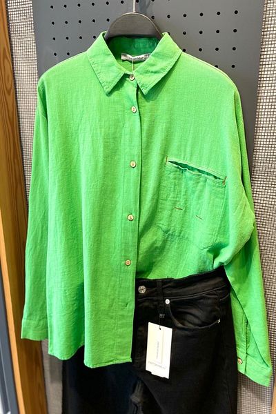 FEMELLE Green Oversize Cotton Linen Shirt Single Pocket Basic