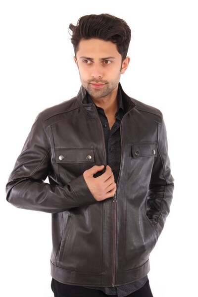 DeriWork Genuine Leather Black Men's Leather Coat Afshin Leather Jacket with Side Pockets