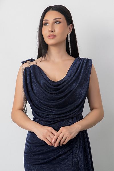 PULLIMM Glittery Degaje Collar Dress with Shoulder Accessories 39878