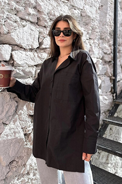 STİLVİA قميص نسائي طويل مريح مصنوع من قماش تيريكوتون باللون الأسود