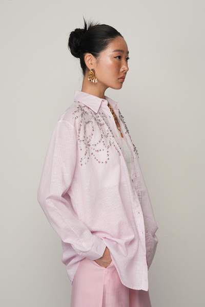 Orfeo Negro Women's Stone Embroidered Pink Color Striped Oversize Shirt