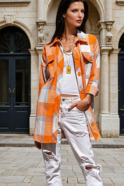 STİLVİA طباعة منقوشة باللون البرتقالي، تفاصيل جيب مزدوج، قصة كبيرة الحجم، قمي...