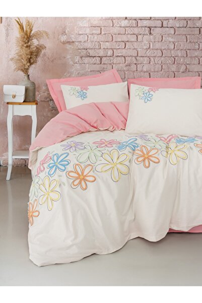 Cotton Box Puff Embroidered Double Duvet Cover Set Bellis Pink