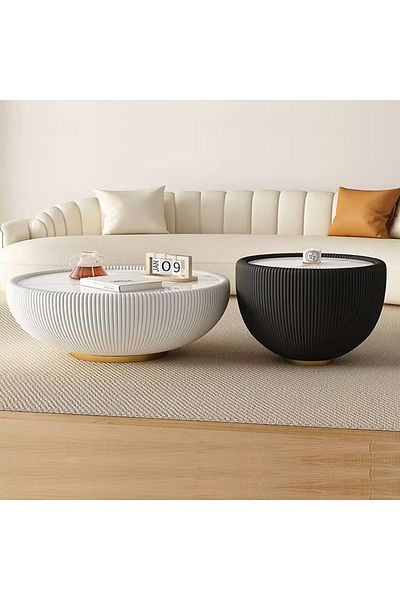 Raffine Set of 2 Multipurpose Use Mid Century Design Coffee Tables Round Stone Slab Serving Tables