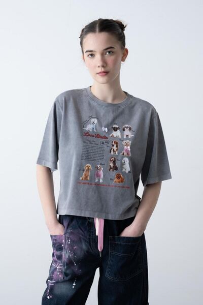 HAUSEkids 9-15 Years Old Oscar Doge Stand Girl's T-Shirt-Space Gray