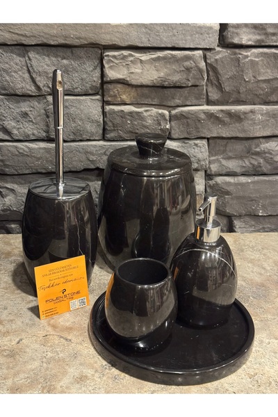 Polen Stone Oval Model Black Marble 5-Piece Bathroom Set