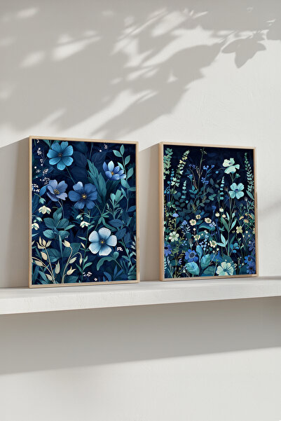 STARYUNA Set de pictură dublă cu flori în rame din lemn, pictură cu albastru,...