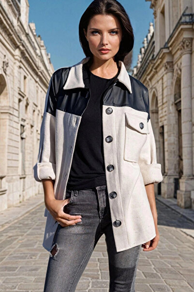 STİLVİA قميص منقوش باللون البني الفاتح مع تفاصيل جلدية