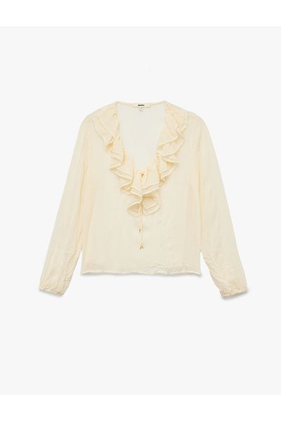 Koton Semi See-Through Long Sleeve V Neck Ruffle Chiffon Blouse