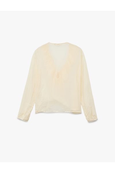 Koton Semi See-Through Long Sleeve V Neck Ruffle Chiffon Blouse