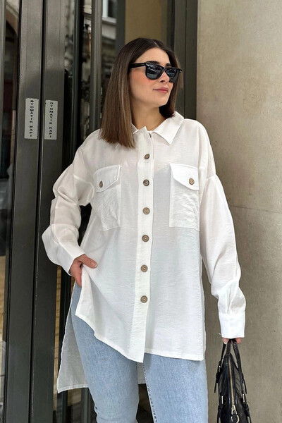 STİLVİA قميص نسائي أبيض بأكمام بالون، مطوي، مشقوق، كبير الحجم، من الكتان