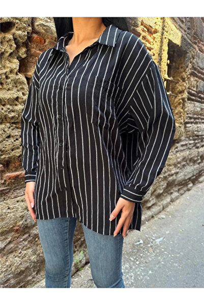 STİLVİA Black striped Oversized cotton button shirt