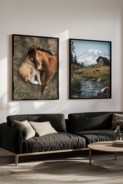 STARYUNA Set de pictură dublă cu vedere la lac cu câine și măgar cu rama din ...