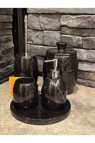 Polen Stone Oval Model Black Marble 5-Piece Bathroom Set