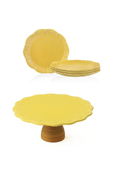 Soframore Fiori 5 Parça Ahşap Ayaklı Kek Stand (30cm), Sunum Ve Pasta Tabak (21cm) Seti