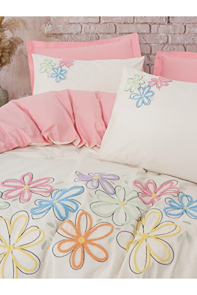 Cotton Box Puff Embroidered Double Duvet Cover Set Bellis Pink