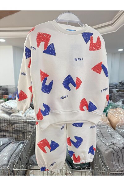 Magu Unisex Kids Cotton White Color Patterned Sweatshirt and Sweatpants Set – Red Blue Navi Printed