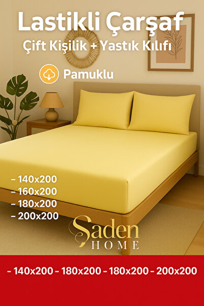 SADEN HOME Yellow Elastic Bed Sheet + Pillow Cover Set Cotton Ranforce Fabric