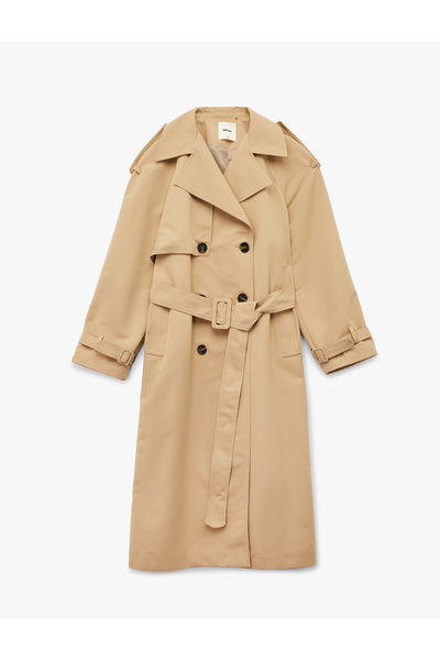 Koton Double Breasted Long Sleeve Pocket Button Belted Gabardine Trench Coat
