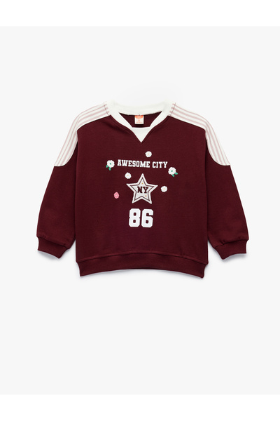 Koton Raised Cotton Long Sleeve Color Contrast V-Neck Printed Sweatshirt