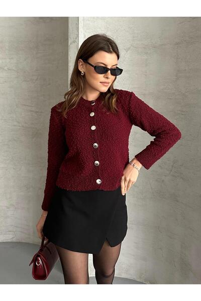 FERZOLAİO Textured Burgundy Knitwear Cardigan with Gold Buttons