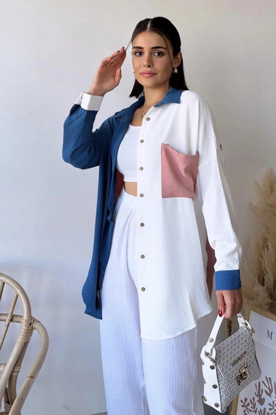 STİLVİA قميص نسائي طويل الأكمام باللون النيلي والمسحوق ومزين بكتلة الألوان مع...