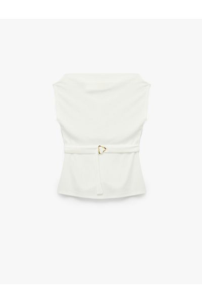 Koton Crepe Scuba Fabric Belt Detailed Sleeveless Boat Neck Blouse